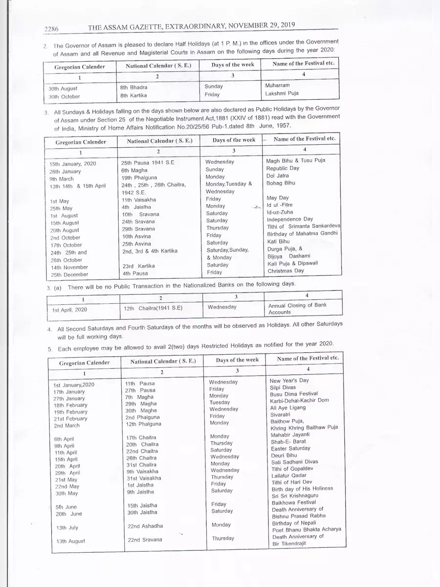 2nd Page of Assam Government Holidays List 2020 PDF