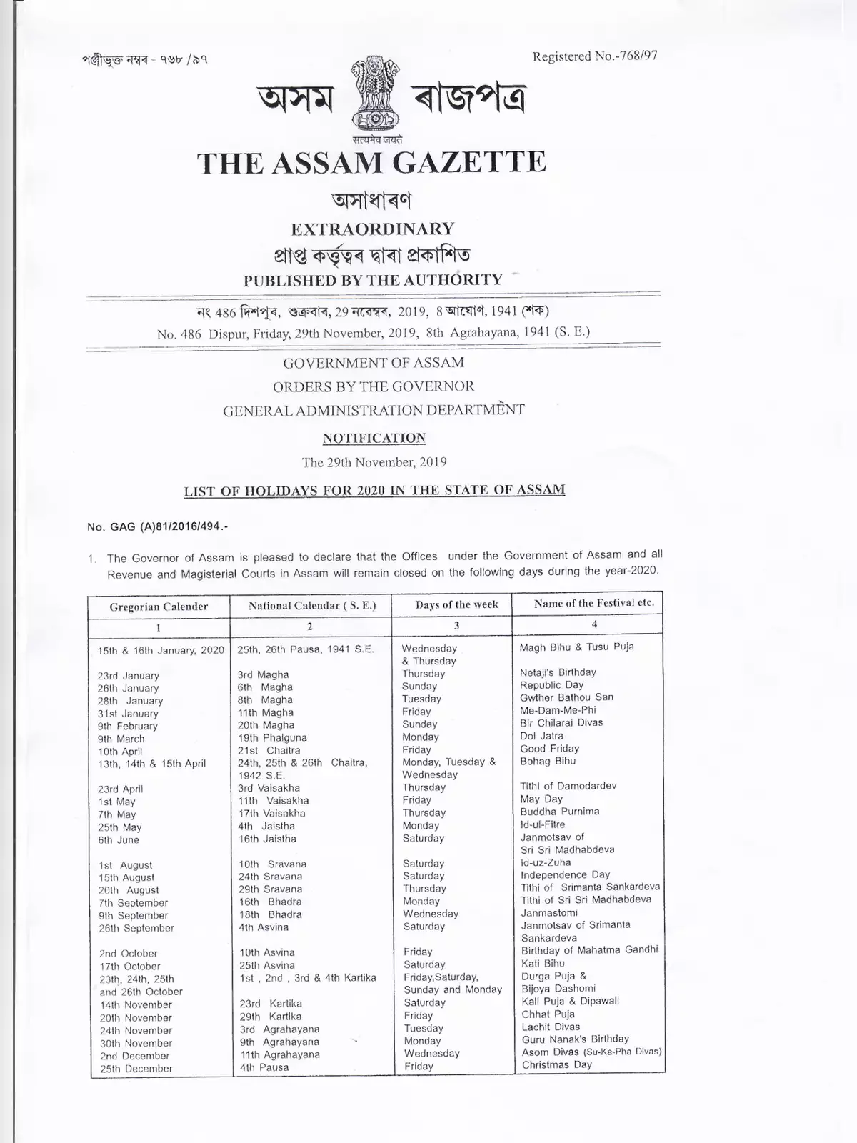 Assam Government Holidays List 2020