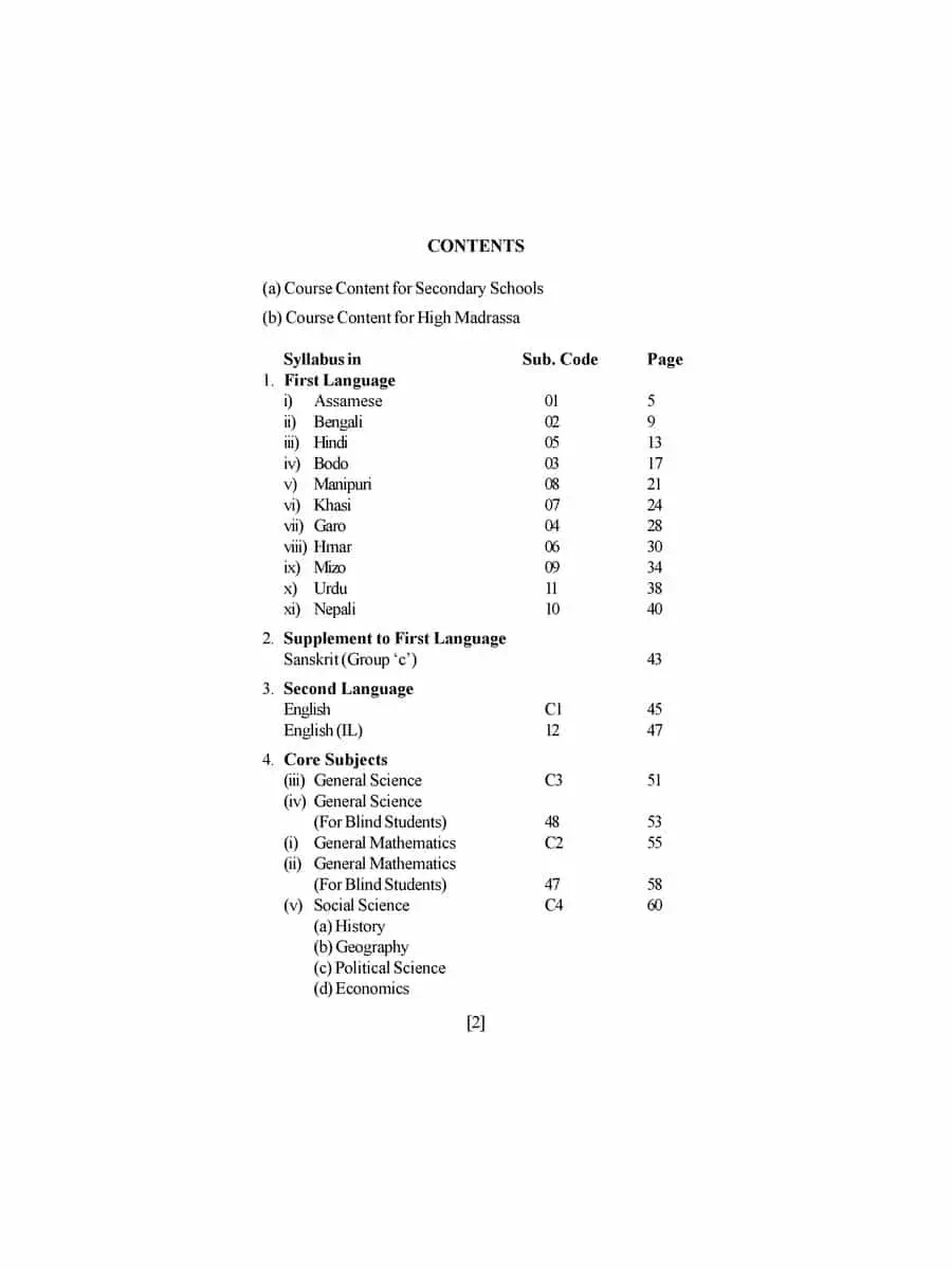 2nd Page of Assam HSLC Syllabus for Class IX & X 2020-21 PDF