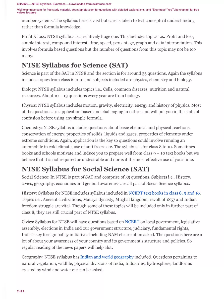 2nd Page of NTSE Exam Syllabus 2020 PDF