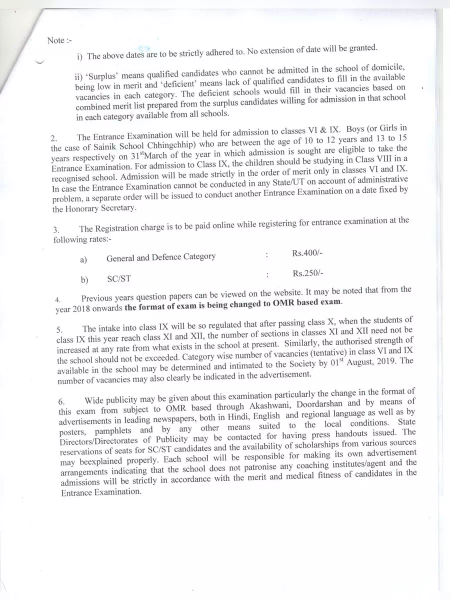 2nd Page of Sainik School Exam Schedule (AISSEE 2020-2021) PDF