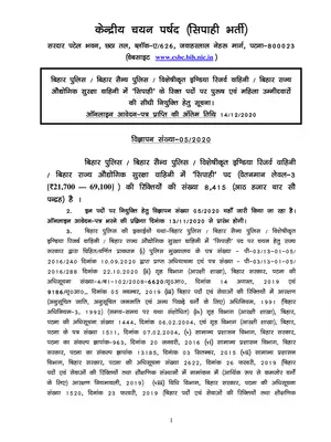 Bihar Police Constable Recruitment Notification 2020 (CSBC) Hindi