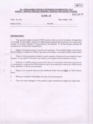 Sainik School Entrance Exam Model Paper Class 9 PDF