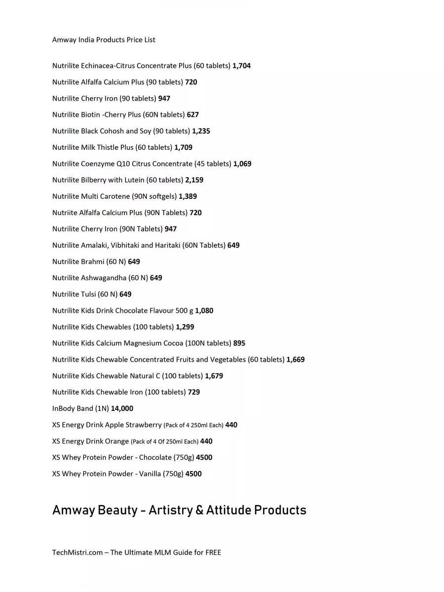 2nd Page of Amway Products Price List 2020 PDF