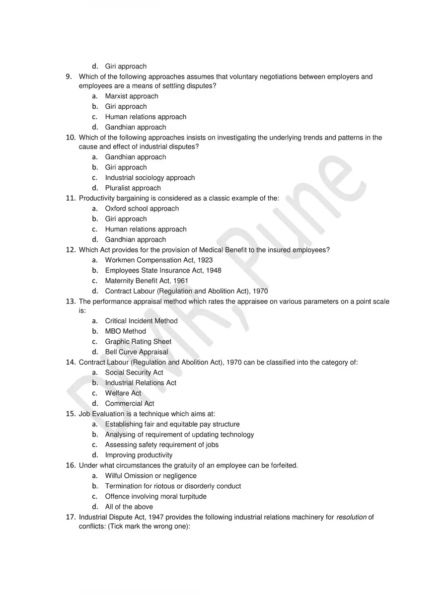 2nd Page of Employee Relations MCQs PDF