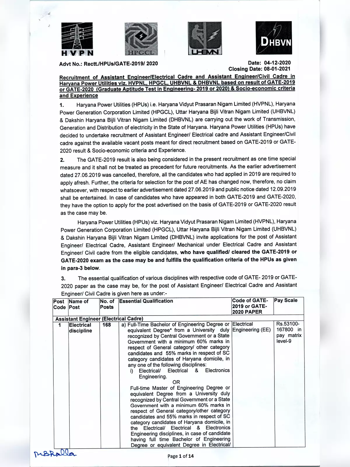 Haryana Vidyut AE Recruitment Notification 2020