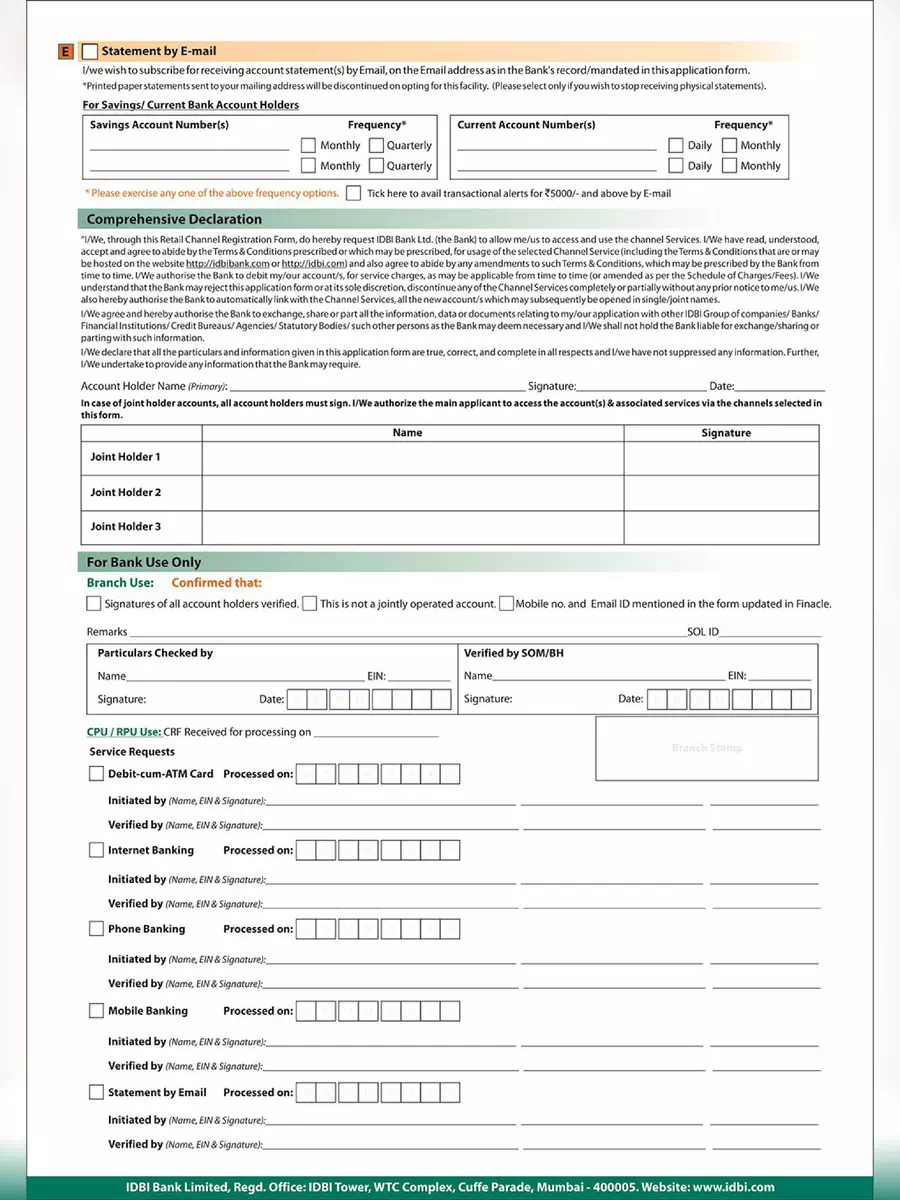 2nd Page of IDBI Bank Statement Request Form PDF