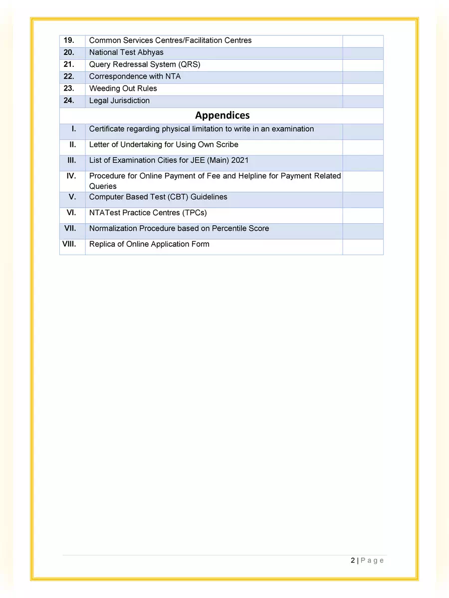 2nd Page of JEE Main 2021 Information Brochure PDF