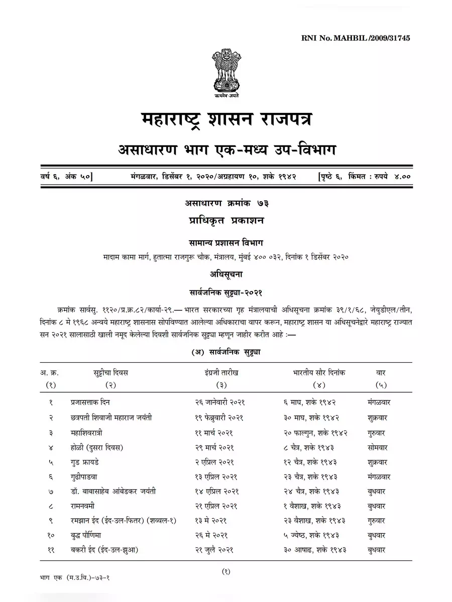 Maharashtra Government Holidays List 2021