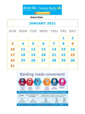 Canara Bank Calendar 2021 PDF
