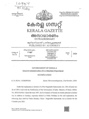 Kerala Government Holidays List 2021 PDF