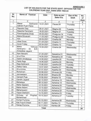 Odisha Government Holidays List 2021 PDF