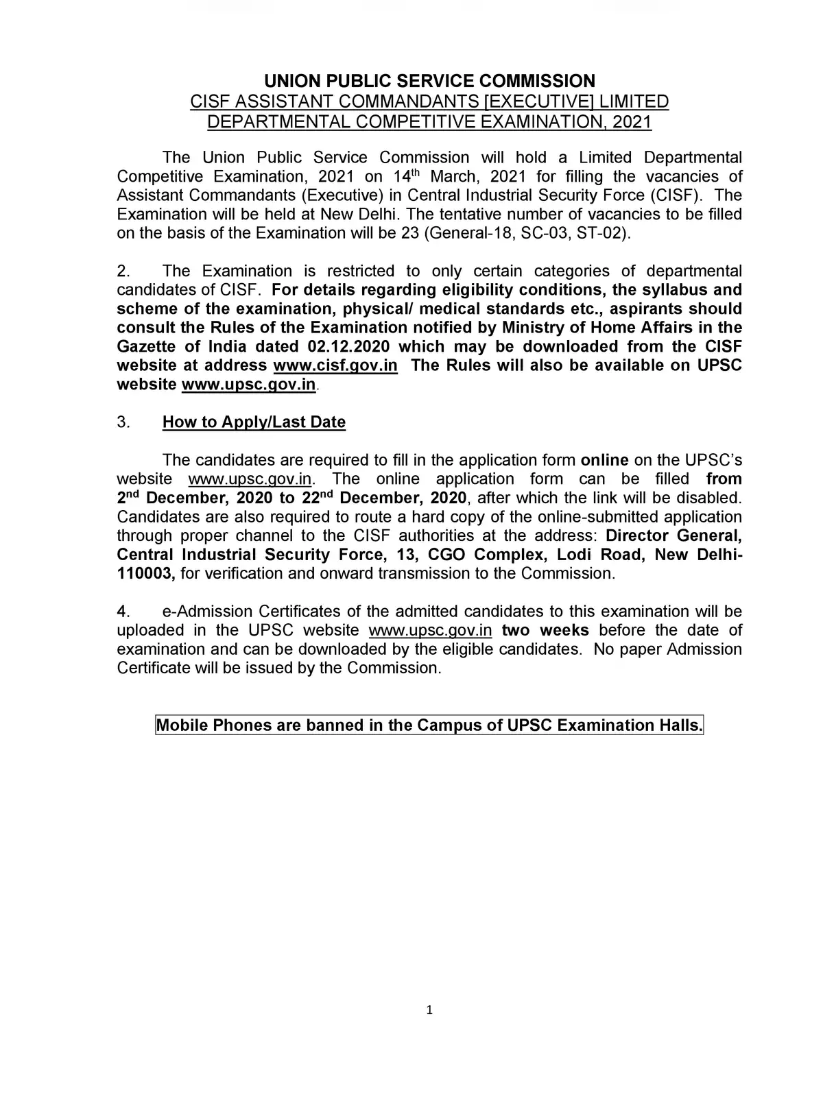 UPSC CISF Recruitment Notification 2021