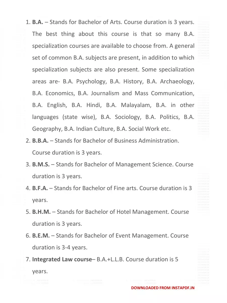 2nd Page of After 12th Arts Courses List PDF