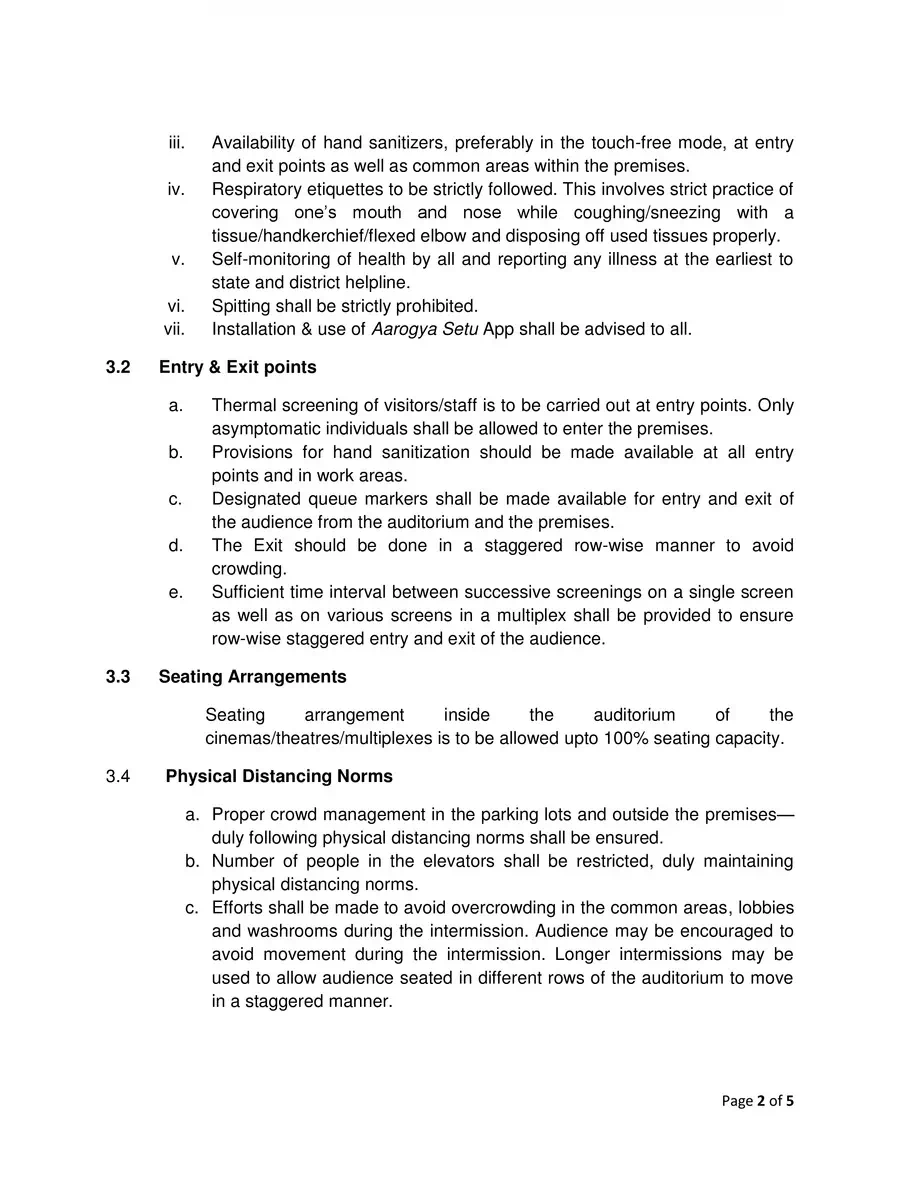 2nd Page of Cinema Halls Full Capacity SOP on Preventive Measures COVID-19 PDF