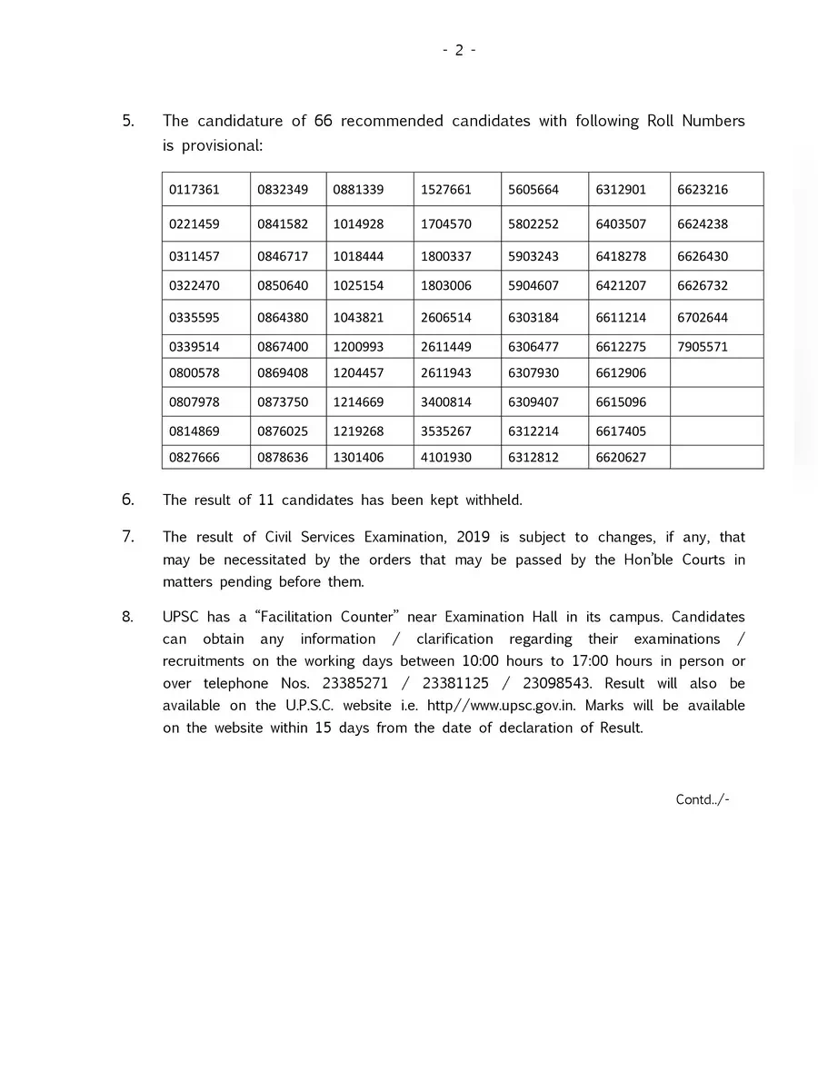 2nd Page of IAS Rank List 2019 PDF