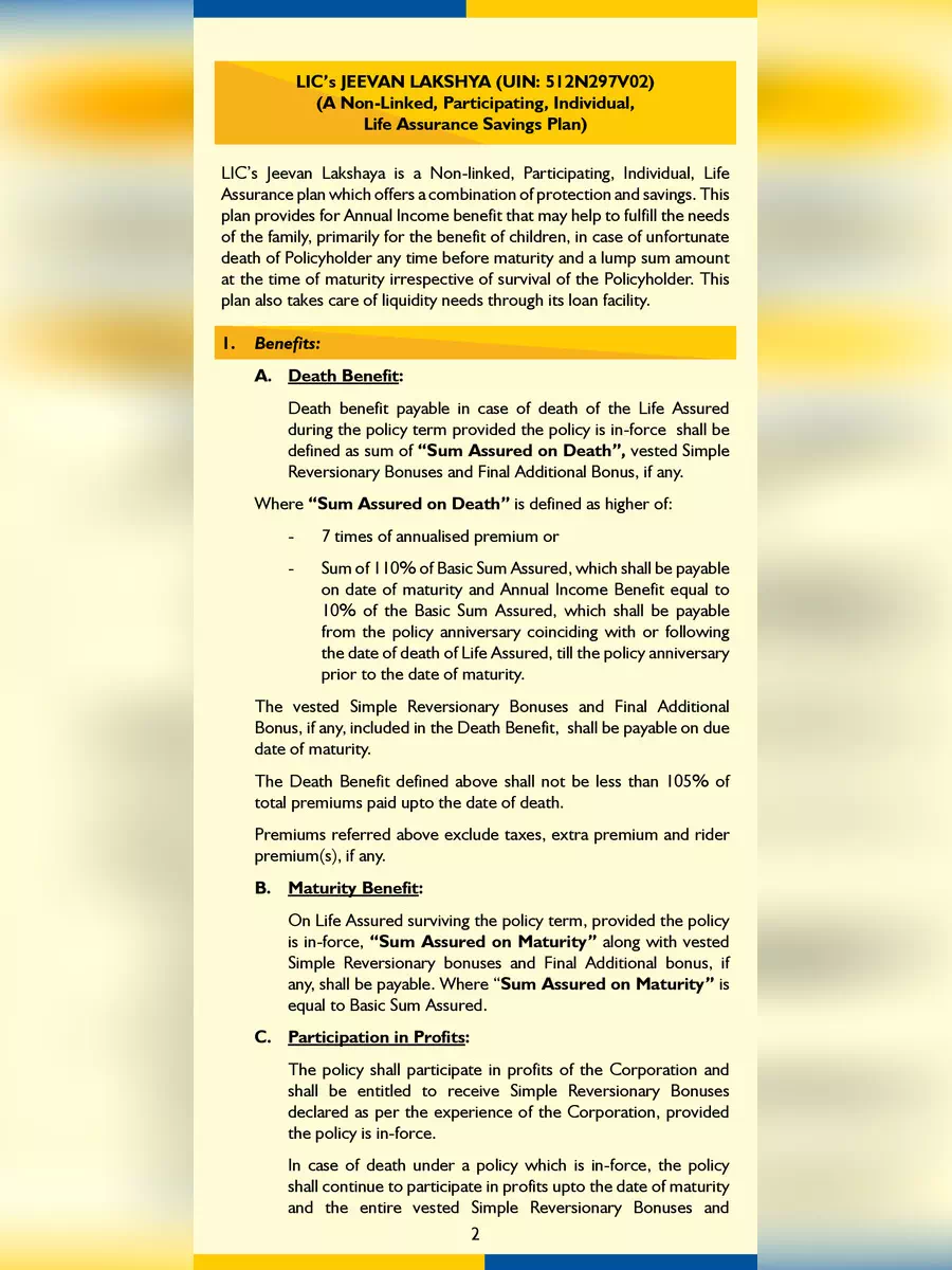 2nd Page of LIC’s Jeevan Lakshya (Plan-933) Brochure PDF