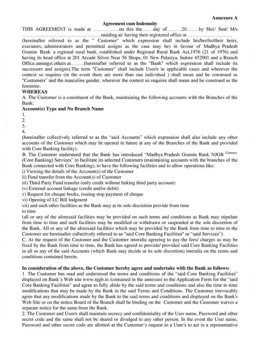2nd Page of MP Gramin Bank Internet Banking Form PDF