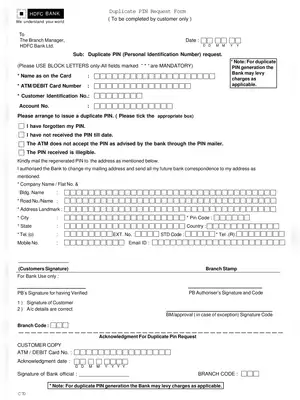 HDFC Bank Duplicate Pin Request Form PDF