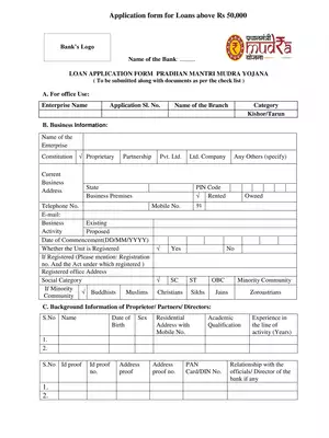 Mudra Loan Kishore Application Form
