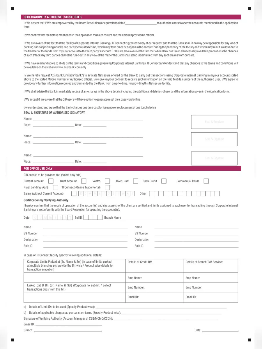 2nd Page of Axis Bank Corporate Net Banking Form PDF