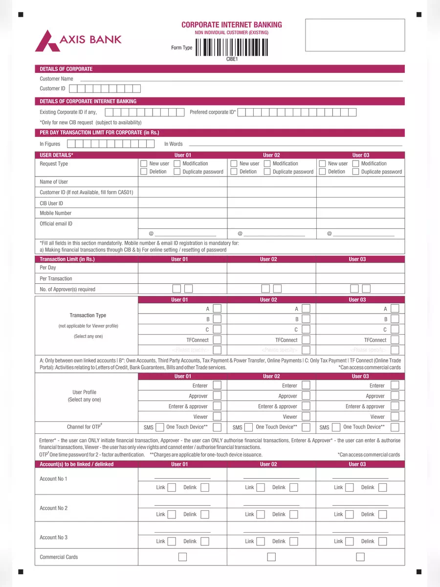 Axis Bank Corporate Net Banking Form