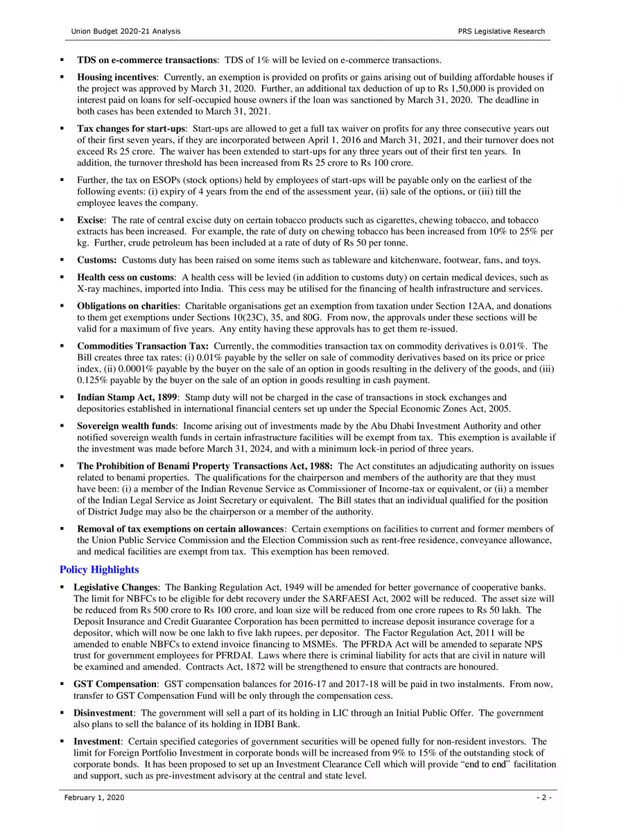 2nd Page of Budget 2020-21 Summary PDF