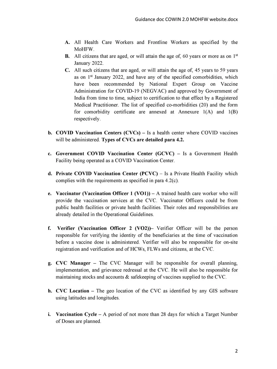 2nd Page of Guidance Note for CoWin Vaccine 2.0 PDF