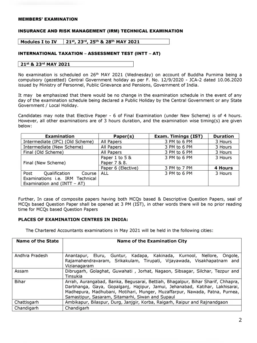 2nd Page of ICAI Exam May 2021 Time Table PDF