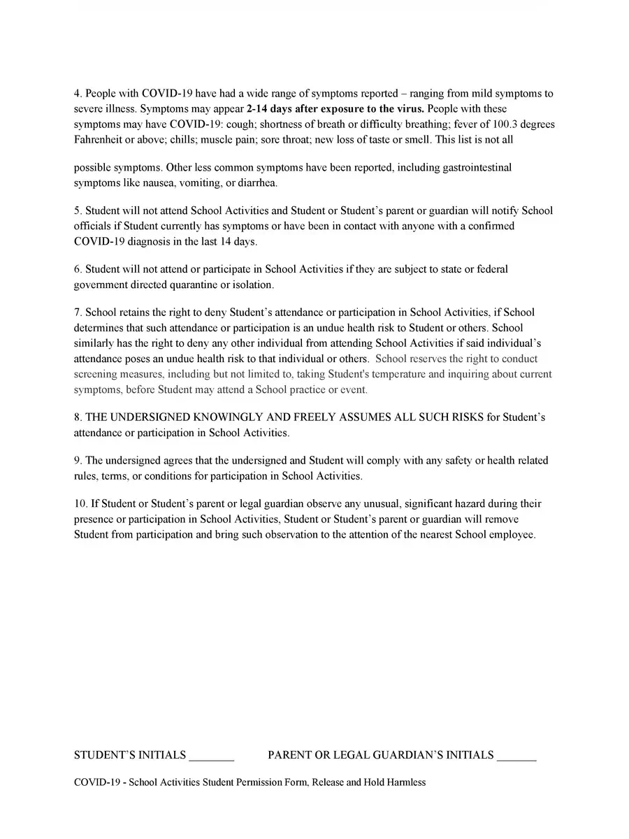 2nd Page of Parents Consent Letter Sample for School in COVID-19 PDF