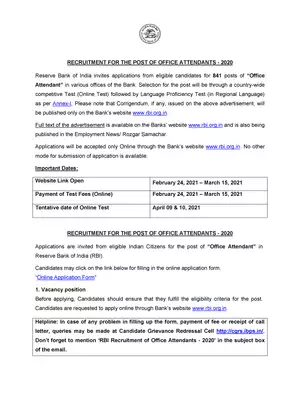 RBI Office Attendant Recruitment 2021 Notification