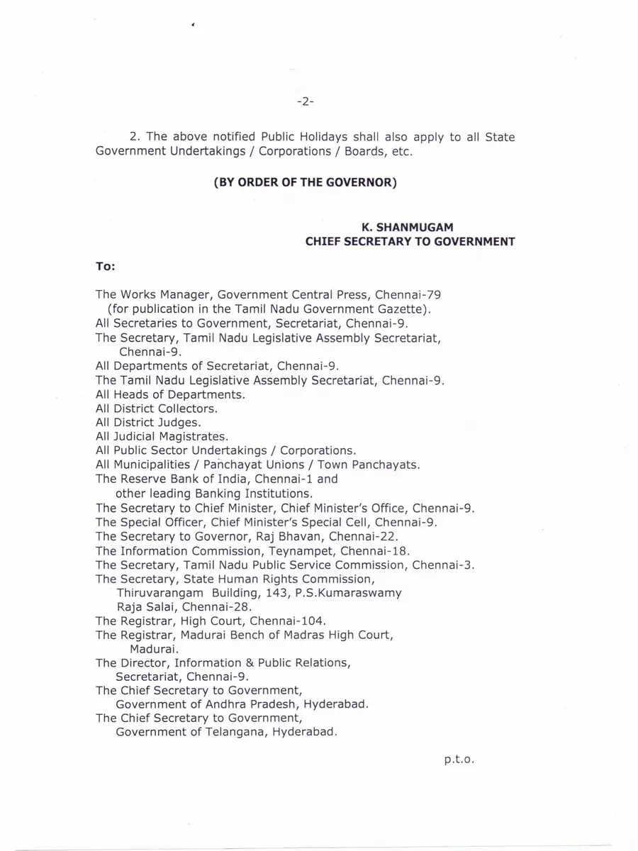 2nd Page of Tamil Nadu Government Holidays List 2021 Gazette PDF