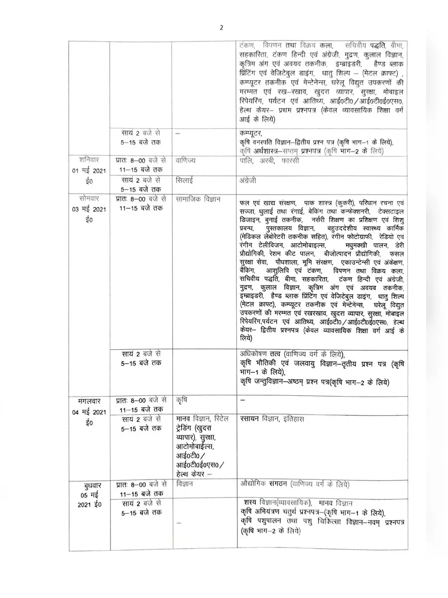 2nd Page of UP Board Exam DateSheet 2021 PDF