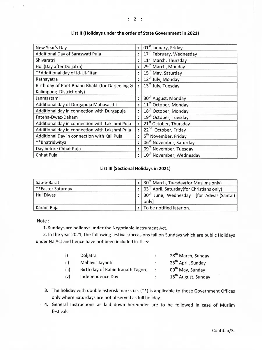 2nd Page of West Bengal Government Calendar 2021 PDF