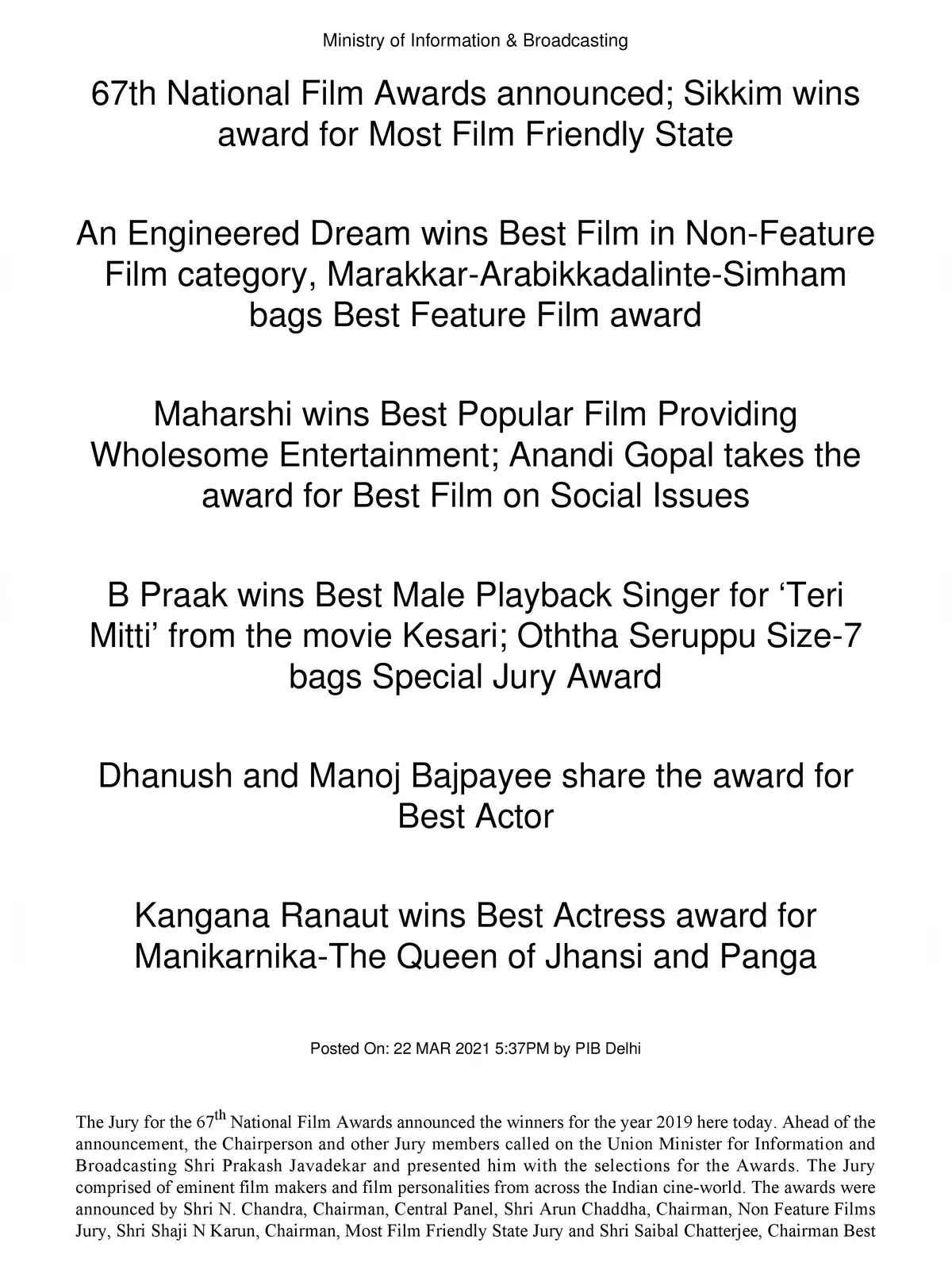 67th National Film Awards Winners List