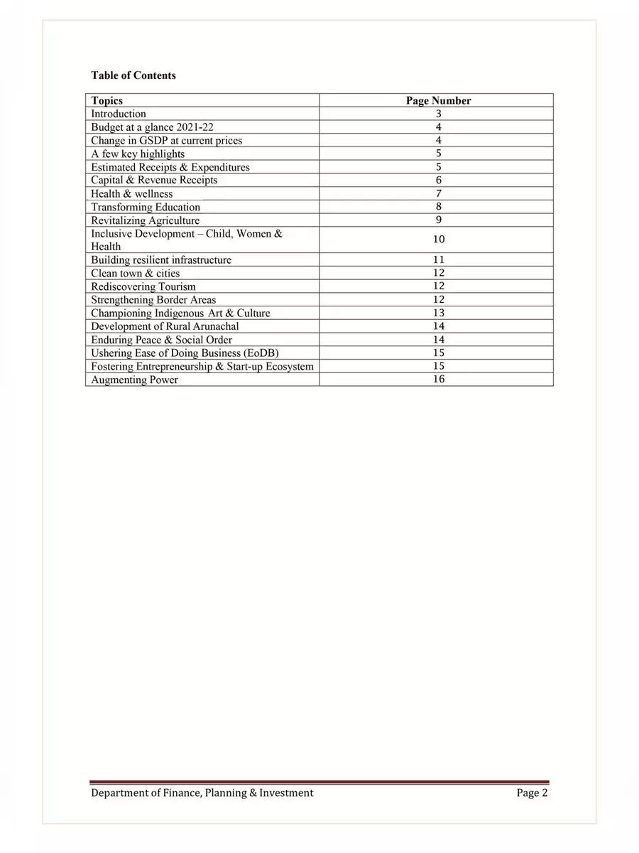 2nd Page of Arunachal Pradesh Budget 2021-22 PDF