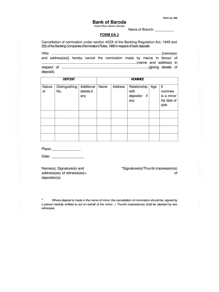 2nd Page of Bank of Baroda Nomination Form DA 1 PDF