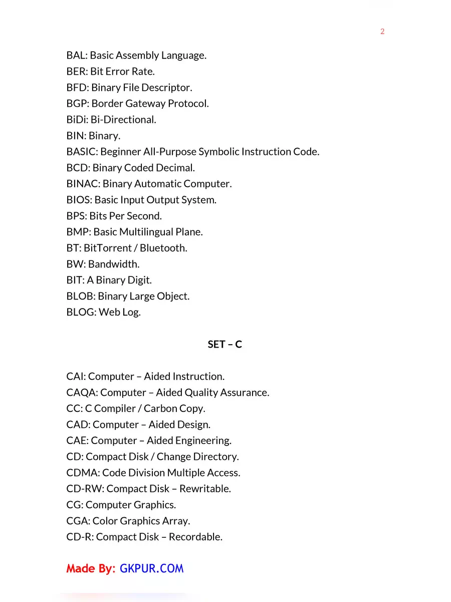 2nd Page of Computer Parts Full Form List A to Z PDF