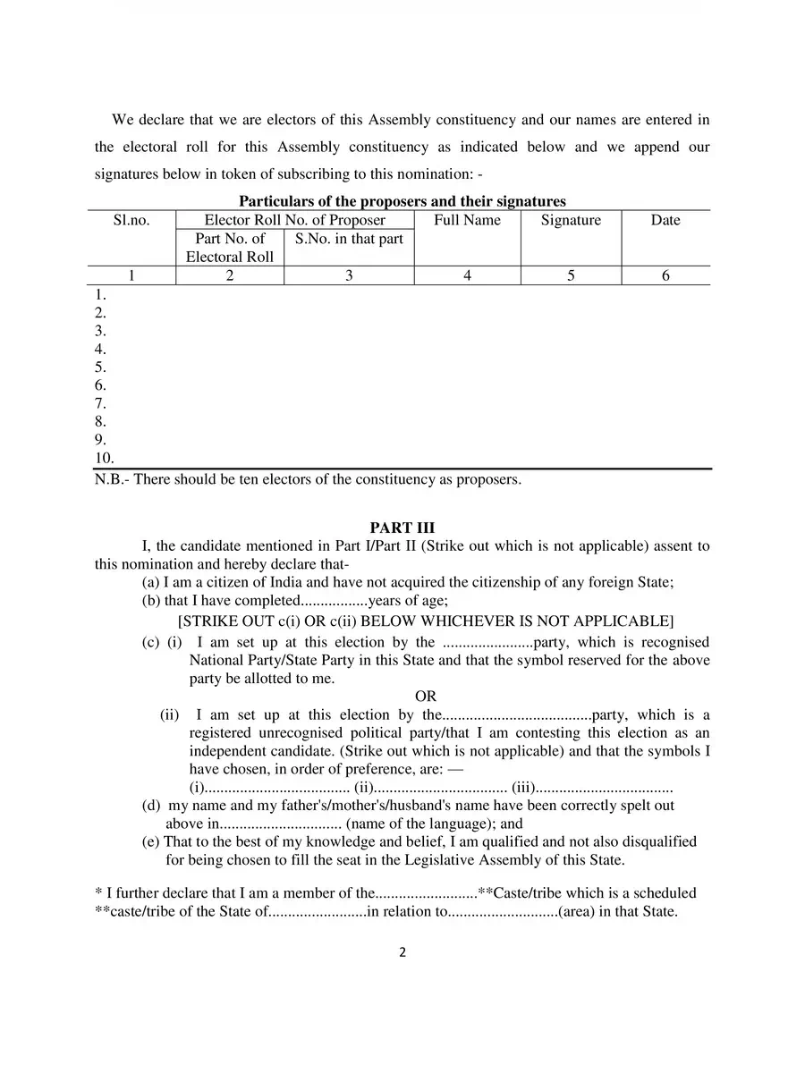 2nd Page of Election Nomination Form PDF