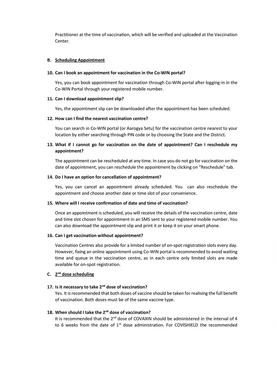 2nd Page of FAQs on Co-WIN for Citizens PDF