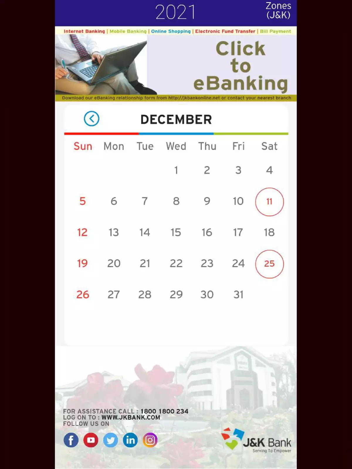 J&K Bank Calendar 2021