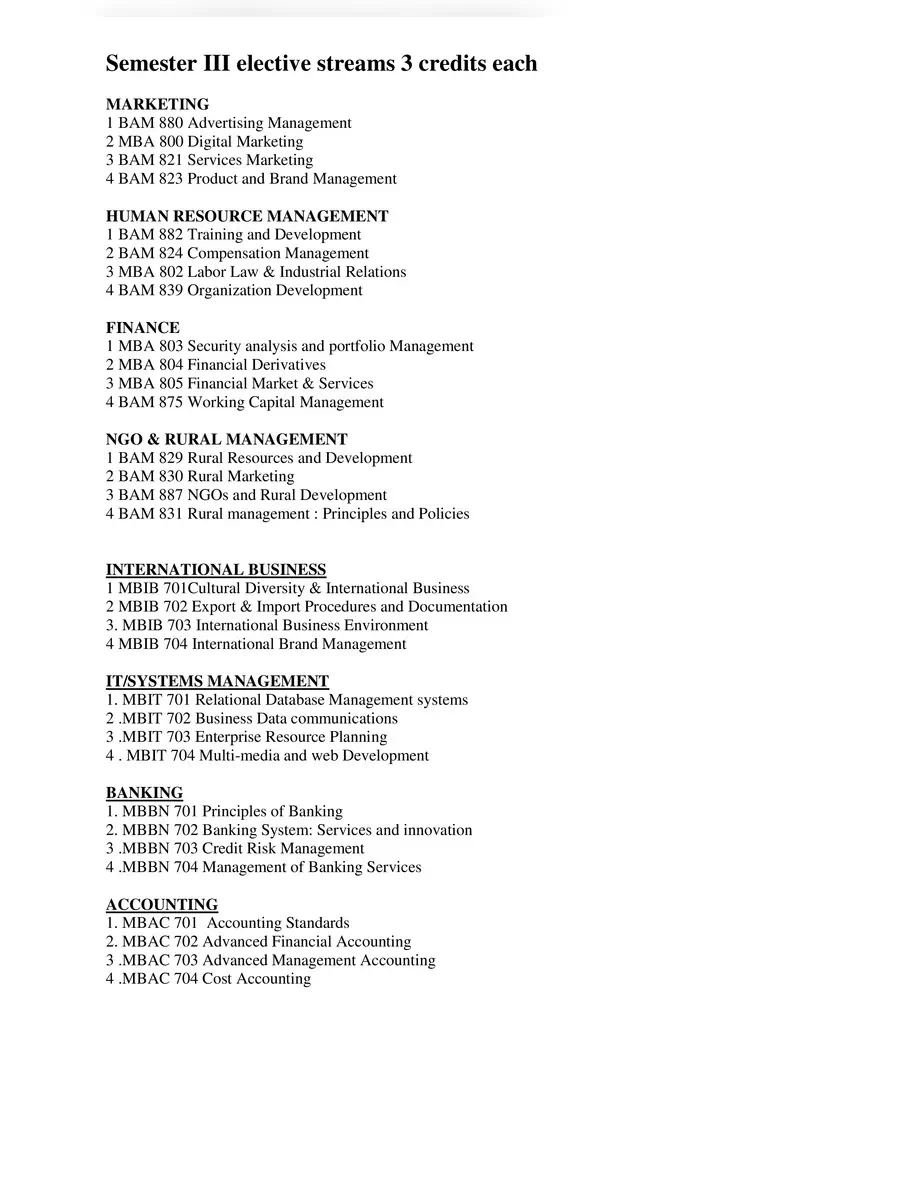 2nd Page of MBA Courses List PDF