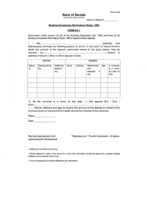 Bank of Baroda Nomination Form DA 1