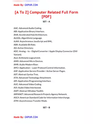 A to Z Computer Parts Full Form List PDF