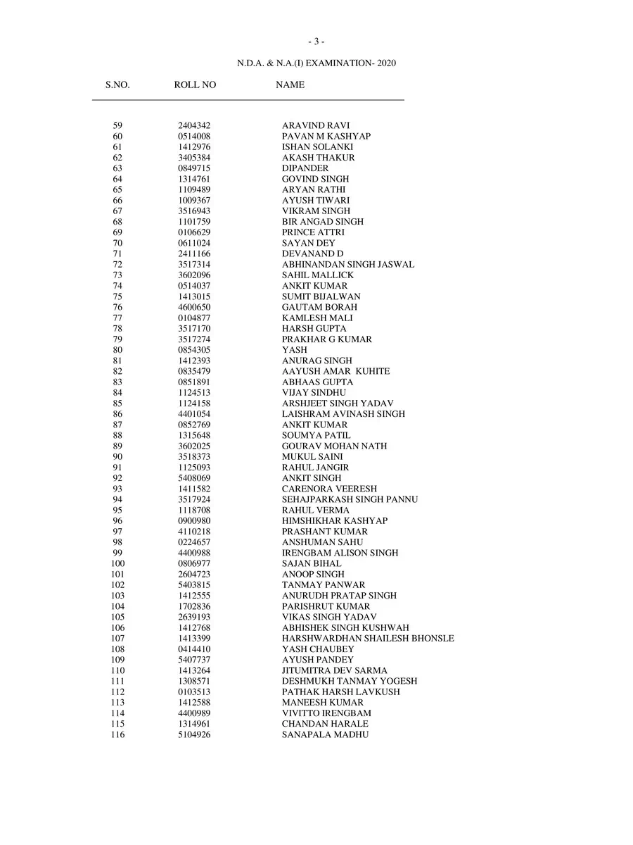 2nd Page of UPSC NDA Exam Results 2021 PDF