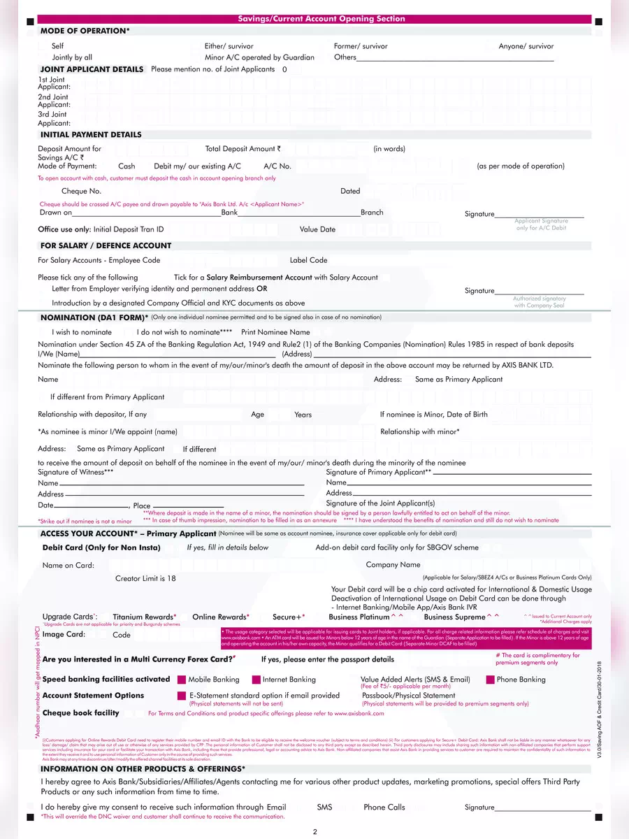 2nd Page of Axis Bank Account Opening Form PDF