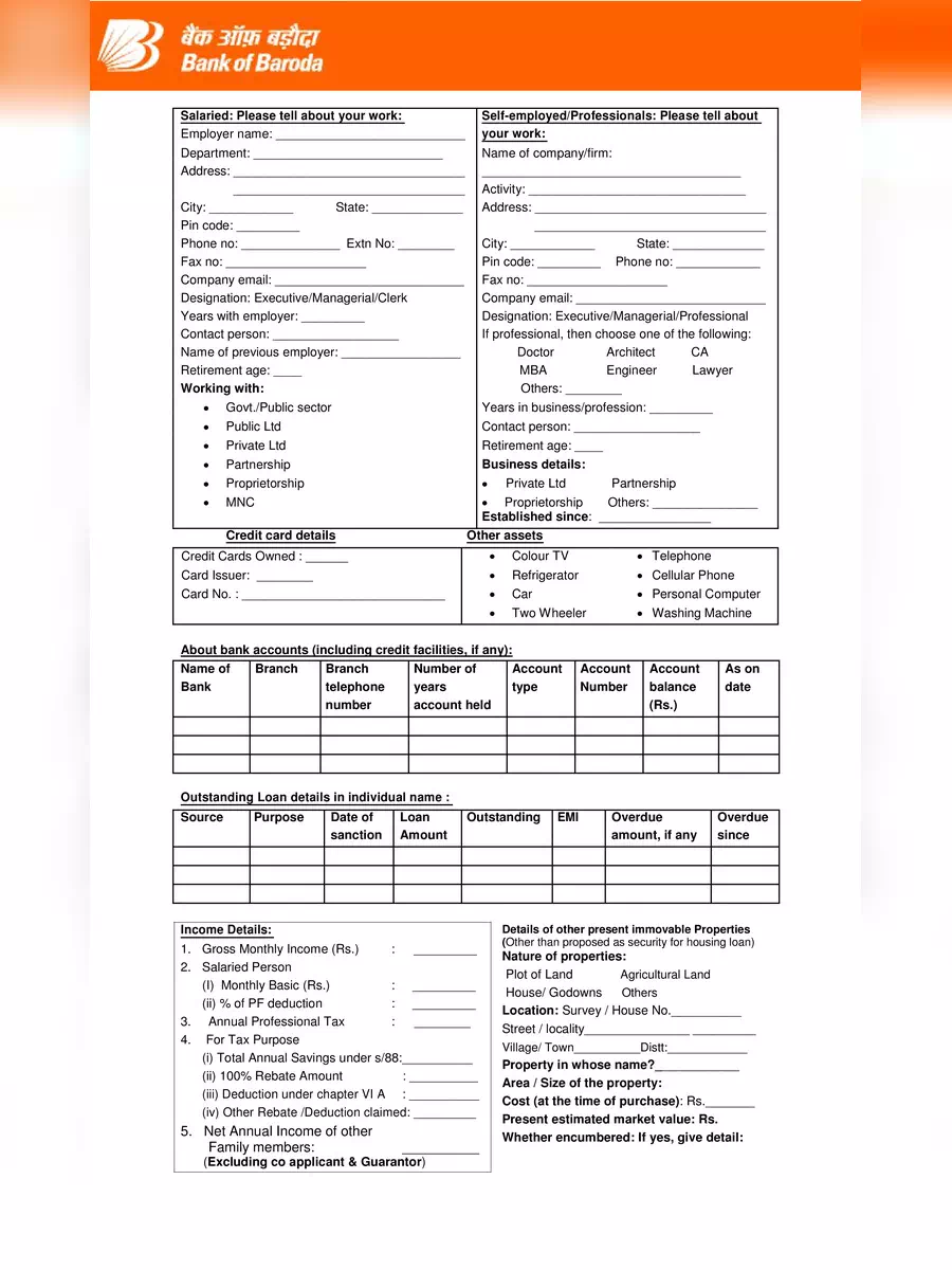2nd Page of Bank of Baroda Home Loan Application Form PDF