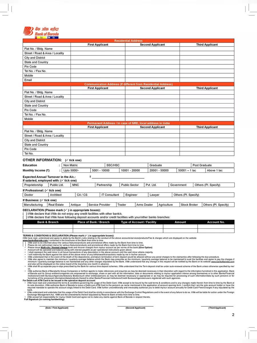 2nd Page of Bank of Baroda Individual Current Account Opening Form PDF