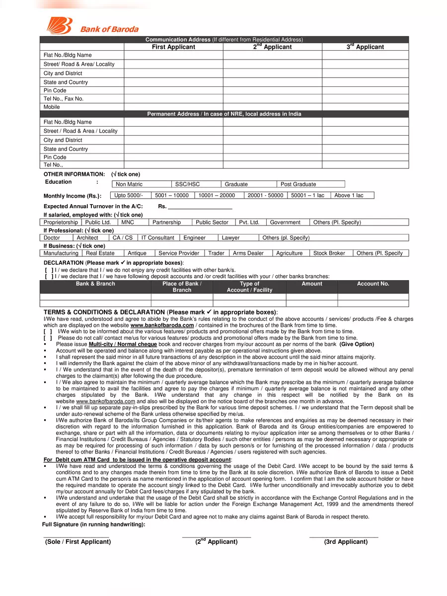 2nd Page of Bank of Baroda NRE Account Opening Form PDF