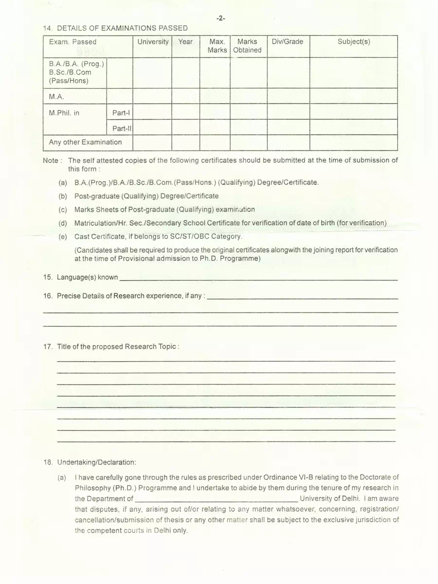 2nd Page of DU Ph.D Admission Application Form PDF